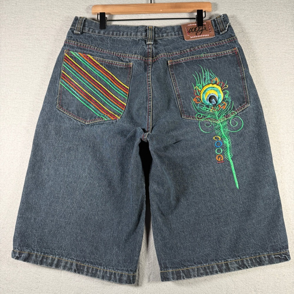 Coogi Mens Denim Shorts Baggy Peacock Feather Embroidered Y2K Hip Hop Blue Sz 38